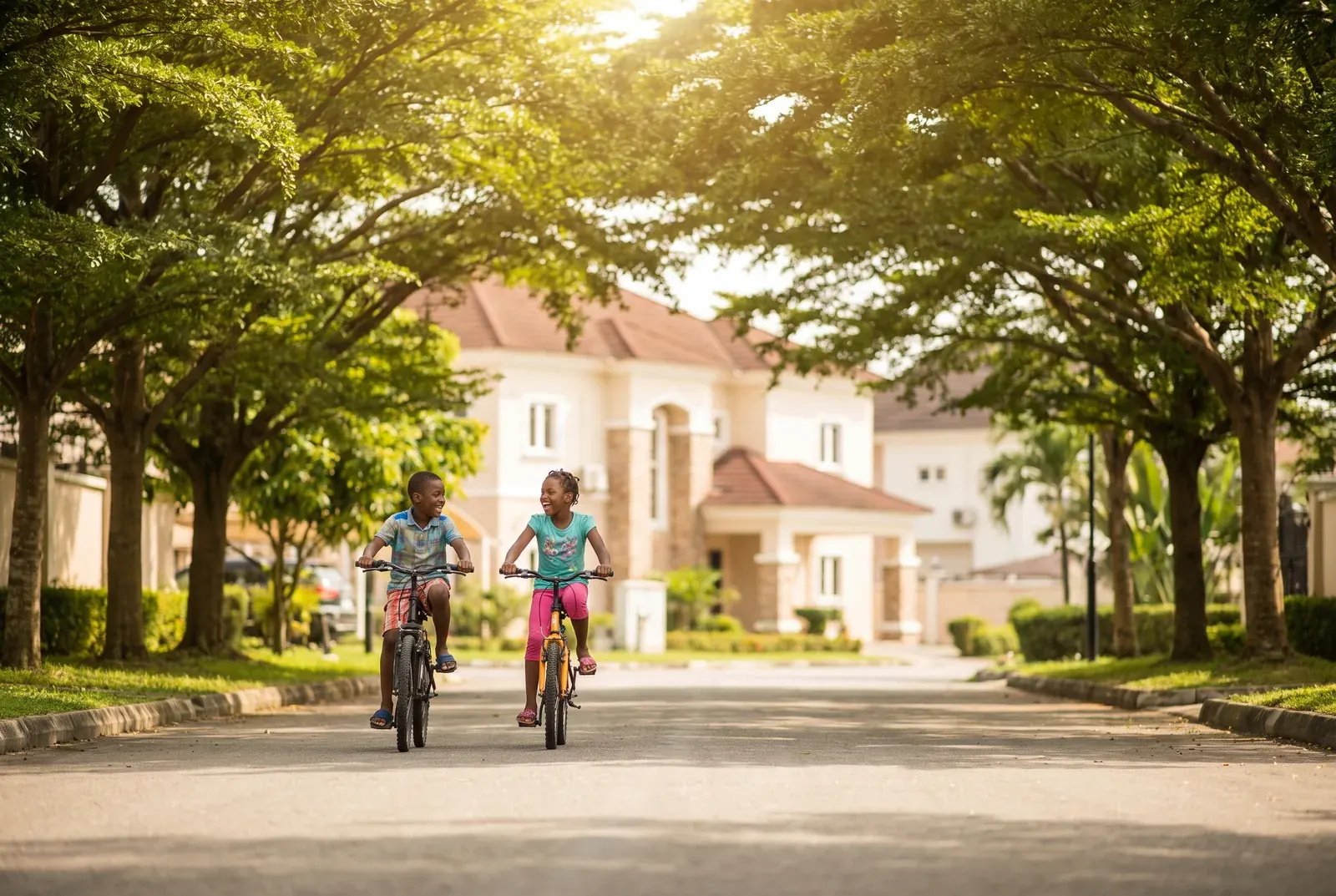 A family enjoying the tree-lined estate