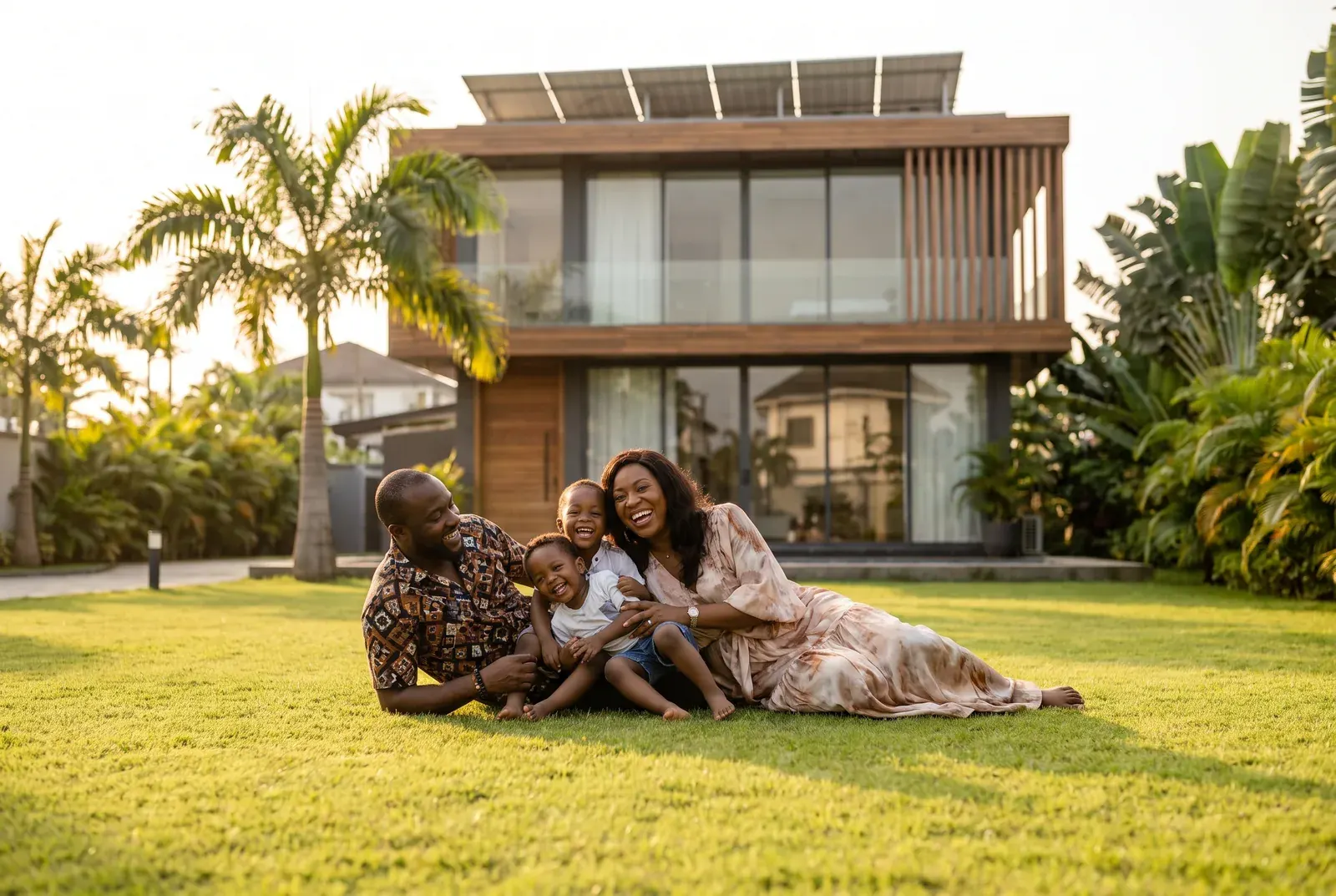 A happy family relaxing on the lawn outside their smart home at a Nexora estate