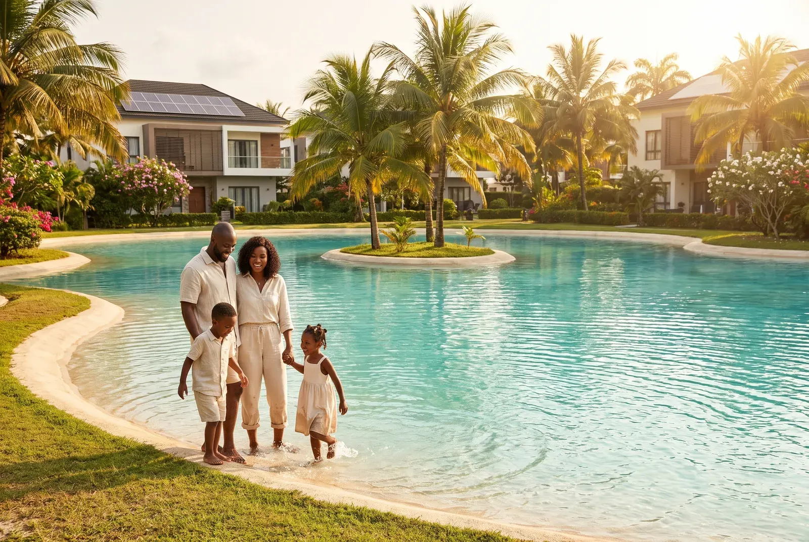 A family by the natural central lagoon at ECO SAVANA