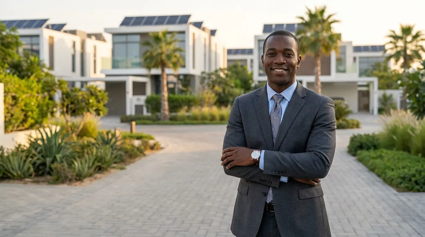 A Nexora partner standing outside a modern green estate at golden hour