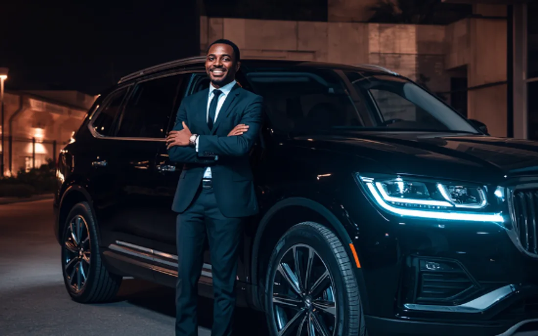 Executive beside a black SUV at night — Mobility Concierge by PerfectRide