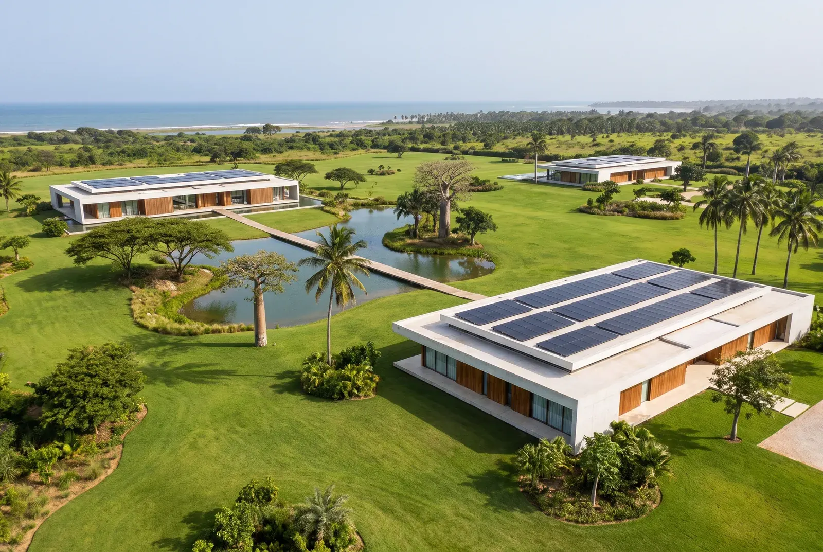Modern luxury estate homes with rooftop solar arrays